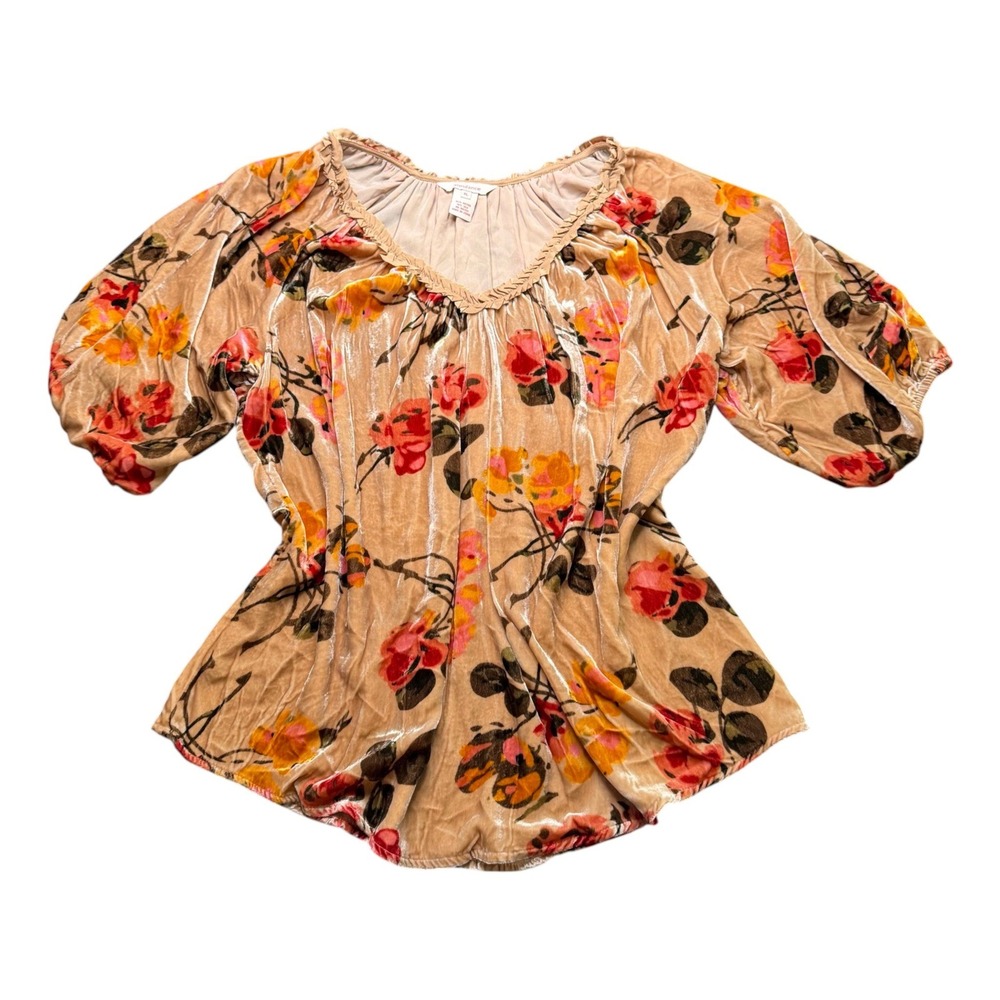Sundance Silk Blend Velvet Blouse Womens Tan Floral Boho Balloon Sleeve XL